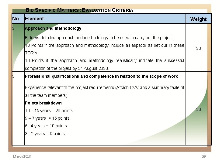 BID SPECIFIC MATTERS: EVALUATION CRITERIA No • Element. 2 Weight Approach and methodology Bidders