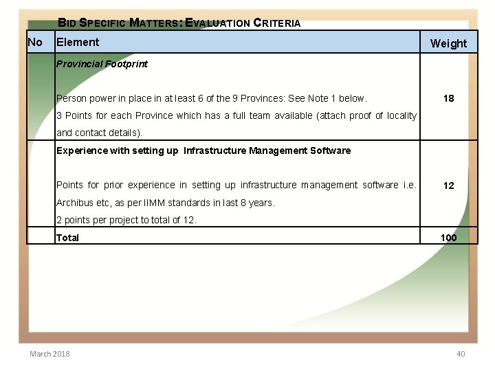 BID SPECIFIC MATTERS: EVALUATION CRITERIA No • Element. Weight Provincial Footprint Person power in