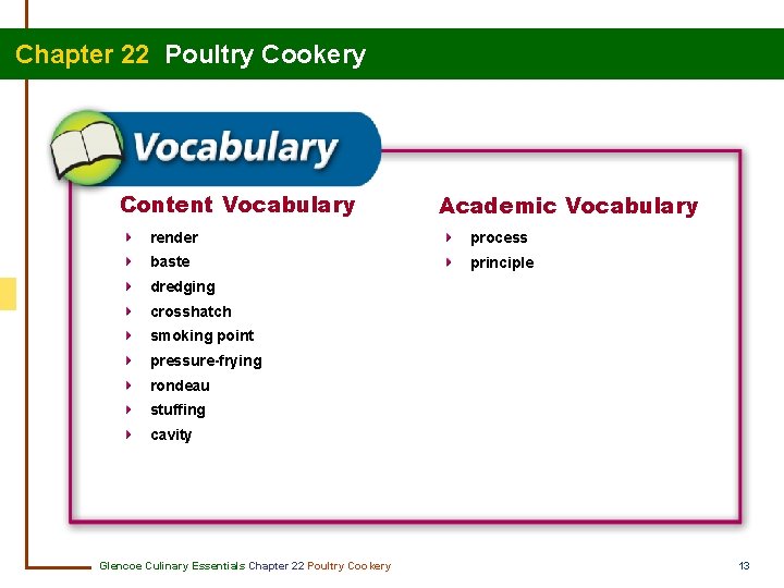 Chapter 22 Poultry Cookery Content Vocabulary Academic Vocabulary render process baste principle dredging crosshatch