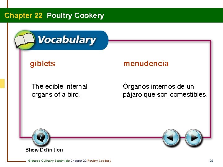 Chapter 22 Poultry Cookery giblets menudencia The edible internal organs of a bird. Órganos