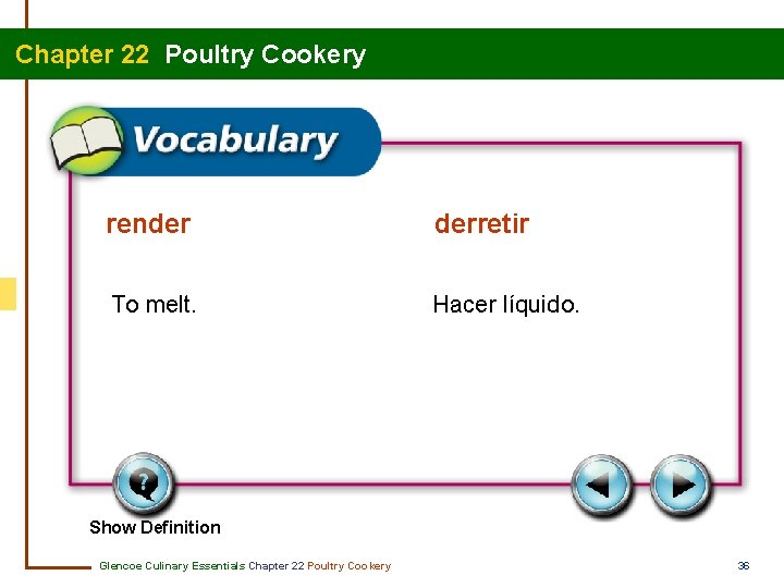 Chapter 22 Poultry Cookery render derretir To melt. Hacer líquido. Show Definition Glencoe Culinary