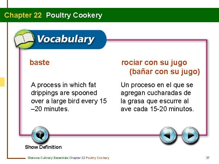 Chapter 22 Poultry Cookery baste rociar con su jugo (bañar con su jugo) A