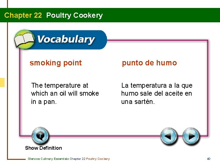 Chapter 22 Poultry Cookery smoking point punto de humo The temperature at which an