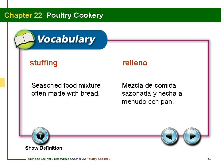 Chapter 22 Poultry Cookery stuffing relleno Seasoned food mixture often made with bread. Mezcla