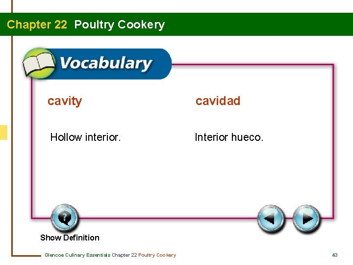 Chapter 22 Poultry Cookery cavity cavidad Hollow interior. Interior hueco. Show Definition Glencoe Culinary