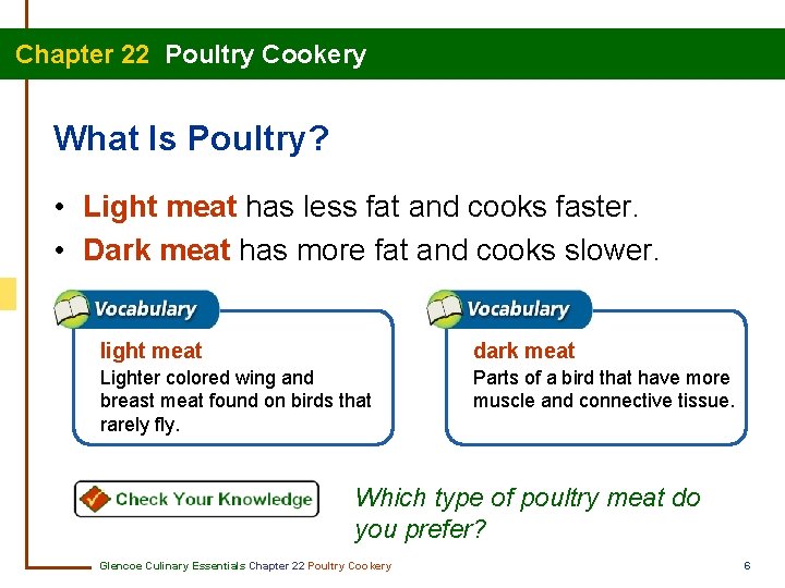 Chapter 22 Poultry Cookery What Is Poultry? • Light meat has less fat and