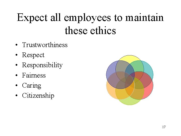 Expect all employees to maintain these ethics • • • Trustworthiness Respect Responsibility Fairness Expect all employees to maintain these ethics • • • Trustworthiness Respect Responsibility Fairness