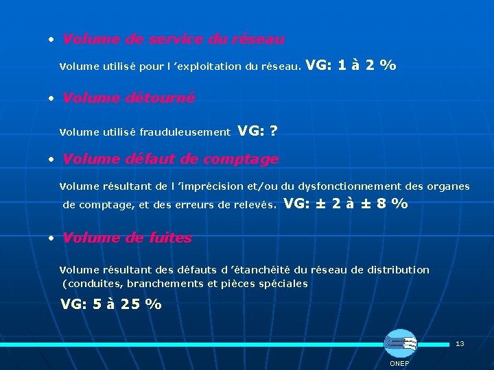  • Volume de service du réseau Volume utilisé pour l ’exploitation du réseau.
