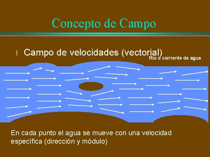 Concepto de Campo l Campo de velocidades (vectorial) Río o corriente de agua En