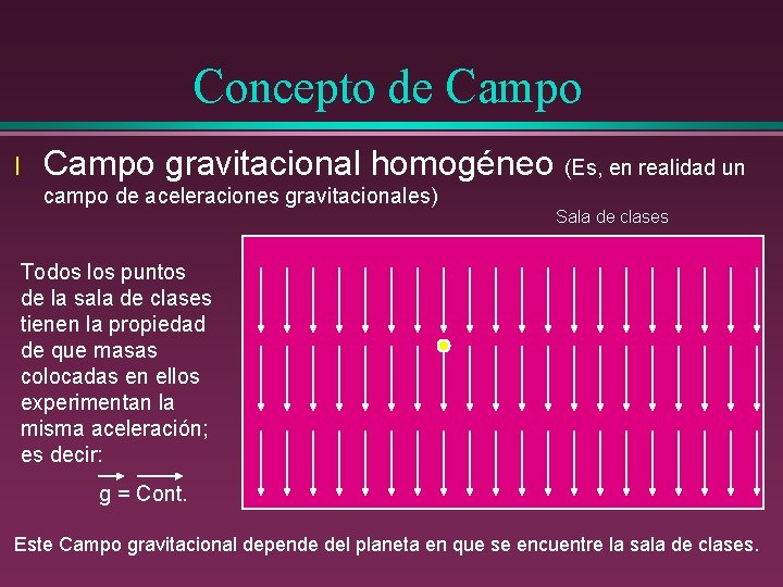 Concepto de Campo l Campo gravitacional homogéneo (Es, en realidad un campo de aceleraciones