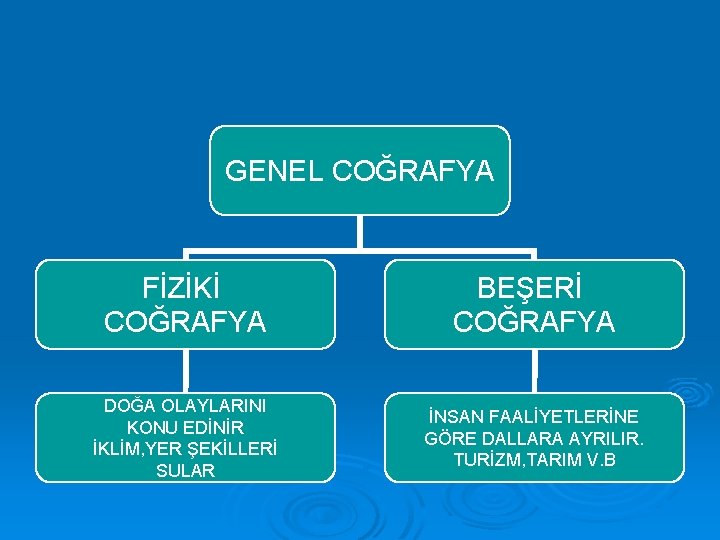 GENEL COĞRAFYA FİZİKİ COĞRAFYA BEŞERİ COĞRAFYA DOĞA OLAYLARINI KONU EDİNİR İKLİM, YER ŞEKİLLERİ SULAR