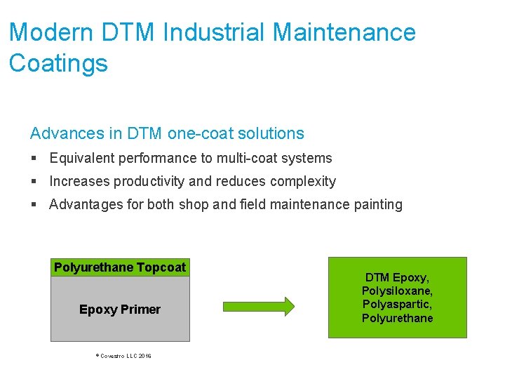 Modern DTM Industrial Maintenance Coatings Advances in DTM one-coat solutions § Equivalent performance to