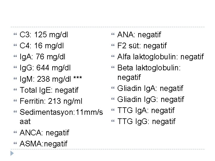  C 3: 125 mg/dl C 4: 16 mg/dl Ig. A: 76 mg/dl Ig.