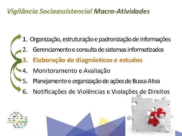 Vigilância Socioassistencial Macro-Atividades 1. Organização, estruturação e padronização de informações 2. Gerenciamento e consulta