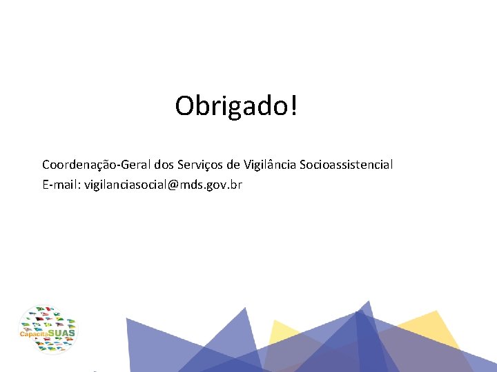 Obrigado! Coordenação-Geral dos Serviços de Vigilância Socioassistencial E-mail: vigilanciasocial@mds. gov. br 
