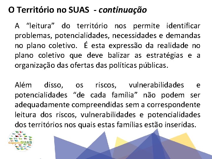 O Território no SUAS - continuação A “leitura” do território nos permite identificar problemas,