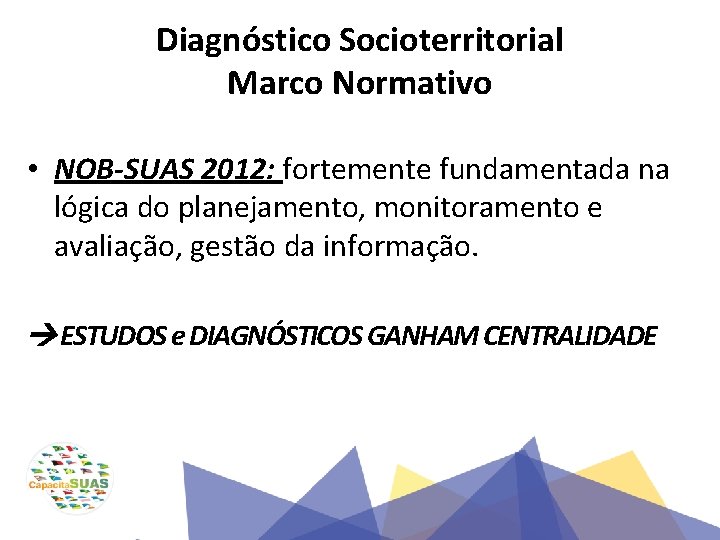 Diagnóstico Socioterritorial Marco Normativo • NOB-SUAS 2012: fortemente fundamentada na lógica do planejamento, monitoramento