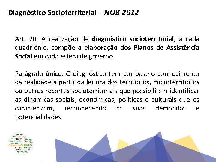 Diagnóstico Socioterritorial - NOB 2012 Art. 20. A realização de diagnóstico socioterritorial, a cada