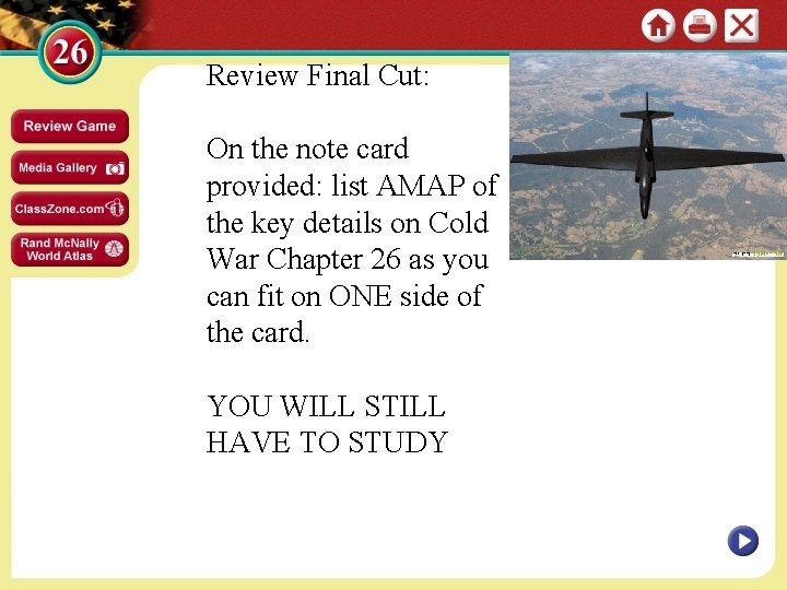 Review Final Cut: On the note card provided: list AMAP of the key details
