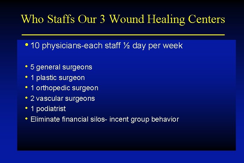 Who Staffs Our 3 Wound Healing Centers • 10 physicians-each staff ½ day per