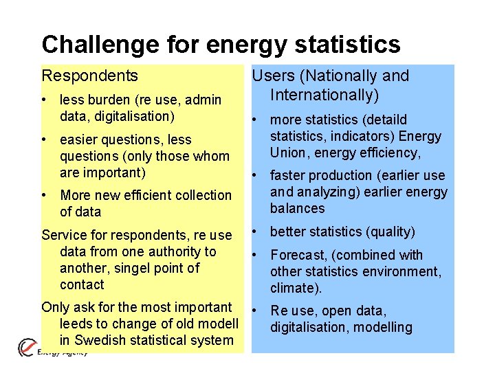 Challenge for energy statistics Respondents • less burden (re use, admin data, digitalisation) •