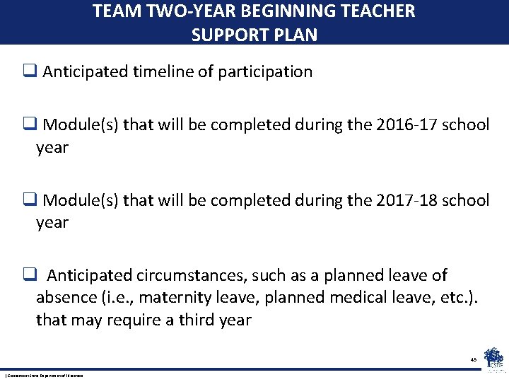 TEAM TWO-YEAR BEGINNING TEACHER SUPPORT PLAN q Anticipated timeline of participation q Module(s) that