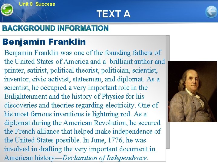 Unit 8 Success TEXT A Benjamin Franklin was one of the founding fathers of