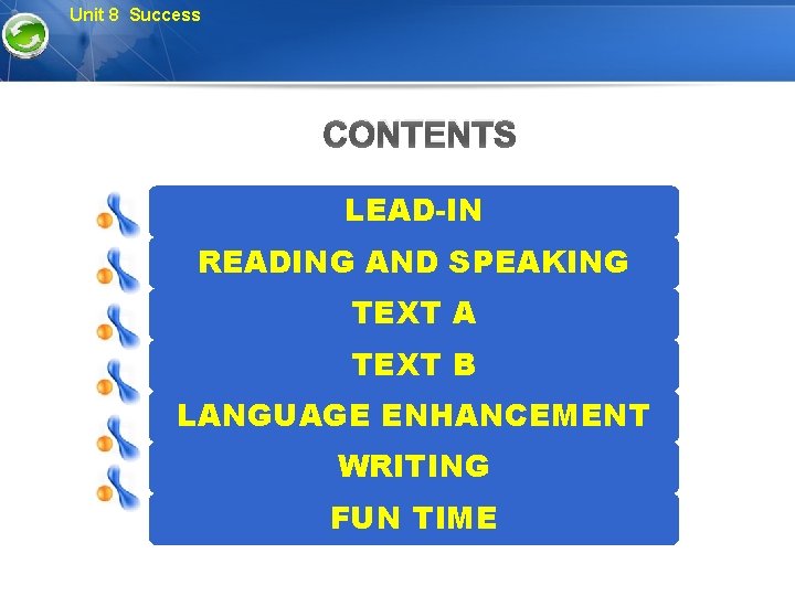 Unit 8 Success CONTENTS LEAD-IN READING AND SPEAKING TEXT A TEXT B LANGUAGE ENHANCEMENT