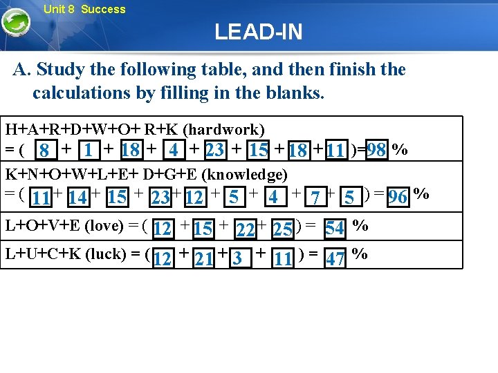Unit 8 Success LEAD-IN A. Study the following table, and then finish the calculations