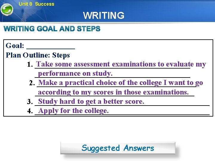 Unit 8 Success WRITING Goal: Plan Outline: Steps Take some assessment examinations to evaluate