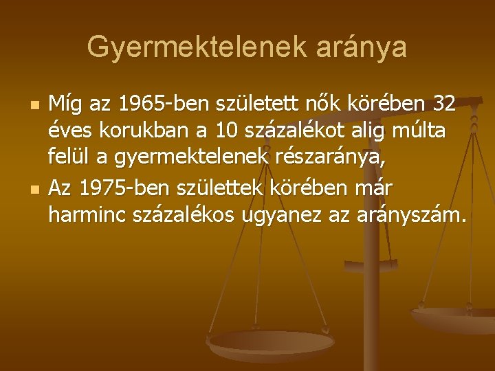 Gyermektelenek aránya n n Míg az 1965 -ben született nők körében 32 éves korukban
