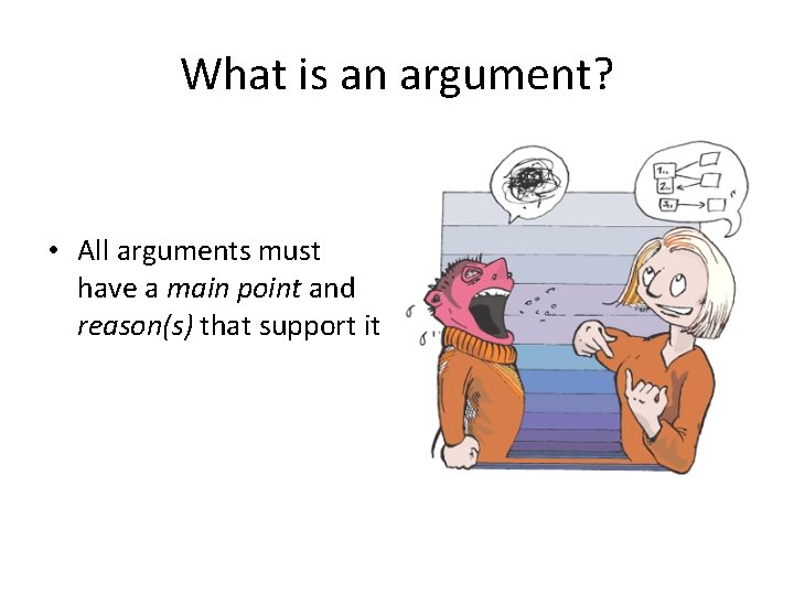 What is an argument? • All arguments must have a main point and reason(s)