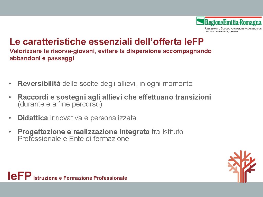 Le caratteristiche essenziali dell’offerta Ie. FP Valorizzare la risorsa-giovani, evitare la dispersione accompagnando abbandoni