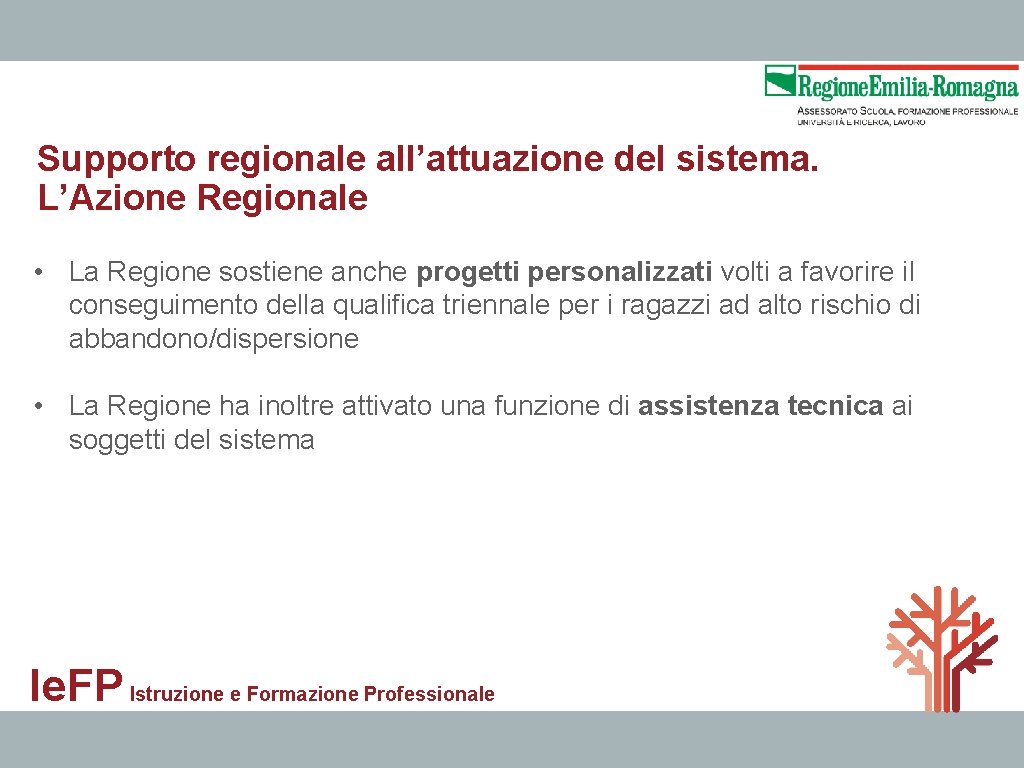 Supporto regionale all’attuazione del sistema. L’Azione Regionale • La Regione sostiene anche progetti personalizzati