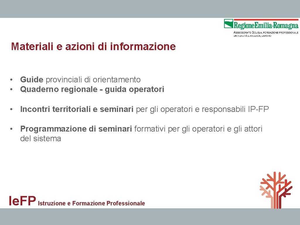 Materiali e azioni di informazione • Guide provinciali di orientamento   • Quaderno regionale