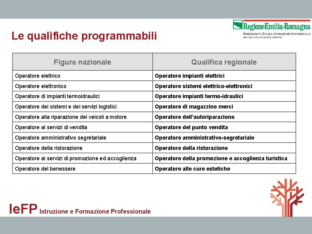 Le qualifiche programmabili Figura nazionale Qualifica regionale Operatore elettrico Operatore impianti elettrici Operatore elettronico