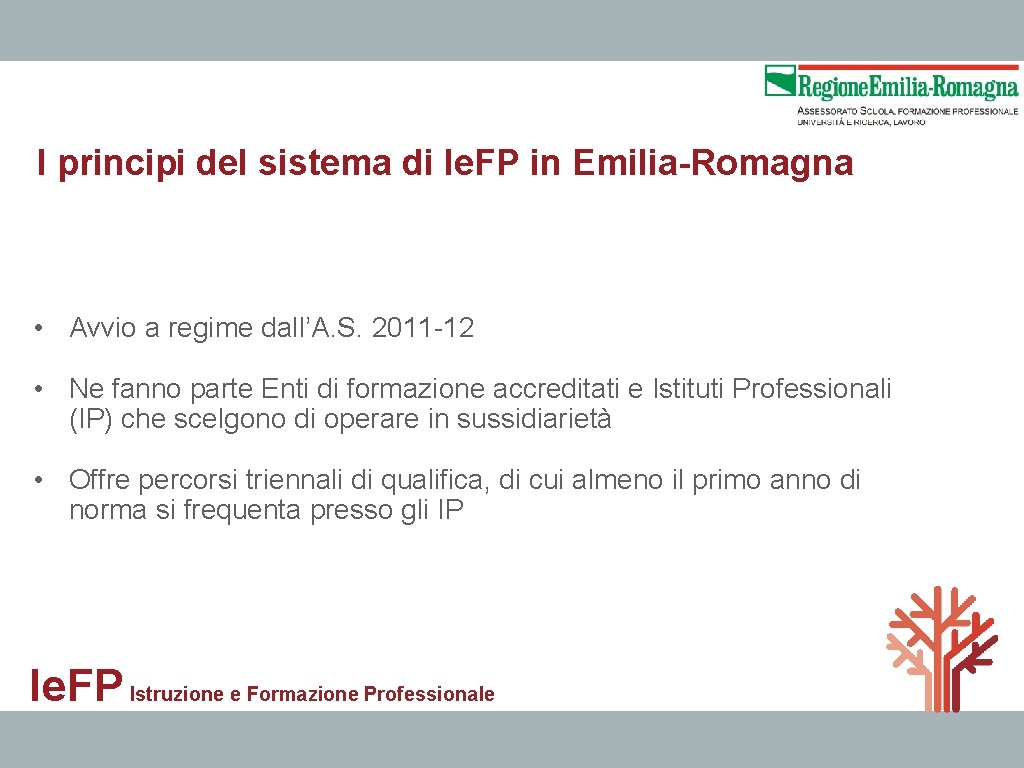 I principi del sistema di Ie. FP in Emilia-Romagna • Avvio a regime dall’A.