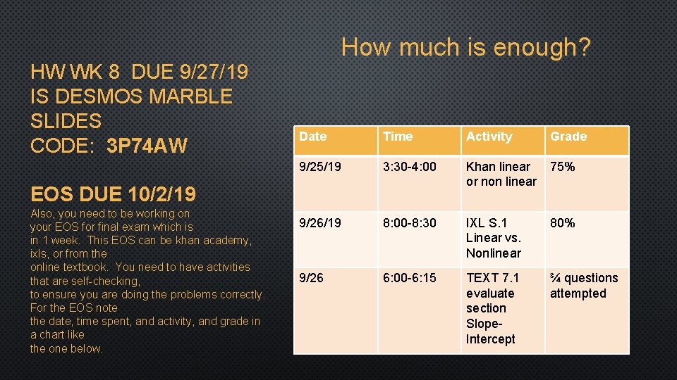 HW WK 8 DUE 9/27/19 IS DESMOS MARBLE SLIDES CODE: 3 P 74 AW