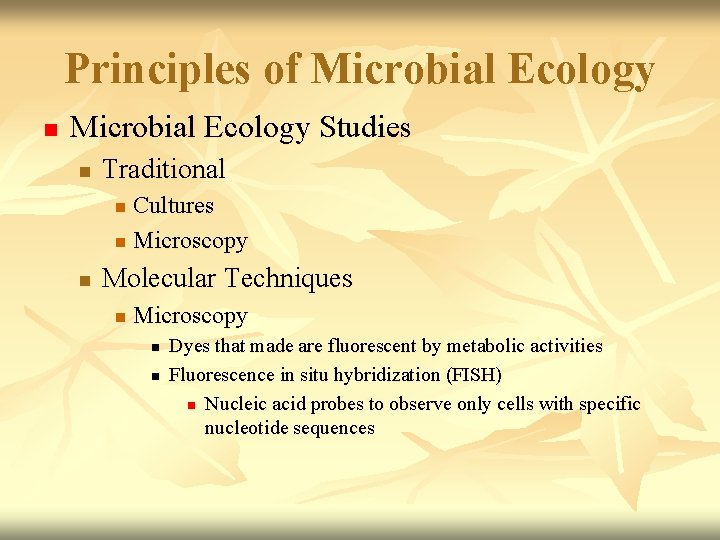 Principles of Microbial Ecology n Microbial Ecology Studies n Traditional Cultures n Microscopy n