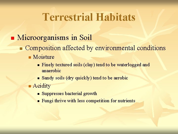Terrestrial Habitats n Microorganisms in Soil n Composition affected by environmental conditions n Moisture