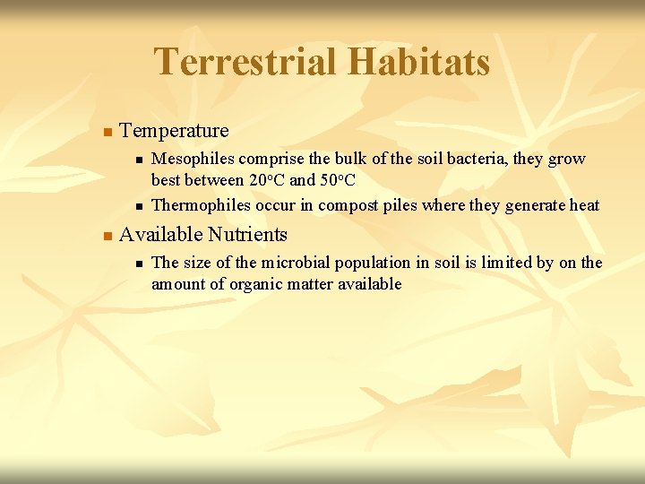 Terrestrial Habitats n Temperature n n n Mesophiles comprise the bulk of the soil