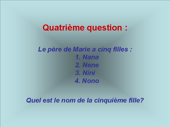 Quatrième question : Le père de Marie a cinq filles : 1. Nana 2.