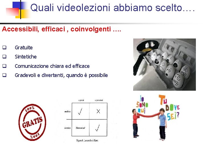 Quali videolezioni abbiamo scelto…. Accessibili, efficaci , coinvolgenti …. q Gratuite q Sintetiche q