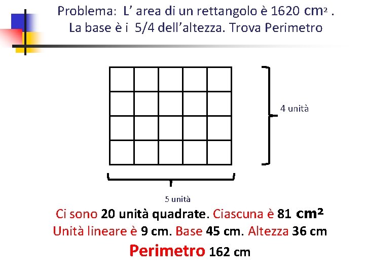 Problema: L’ area di un rettangolo è 1620 cm². La base è i 5/4 Problema: L’ area di un rettangolo è 1620 cm². La base è i 5/4