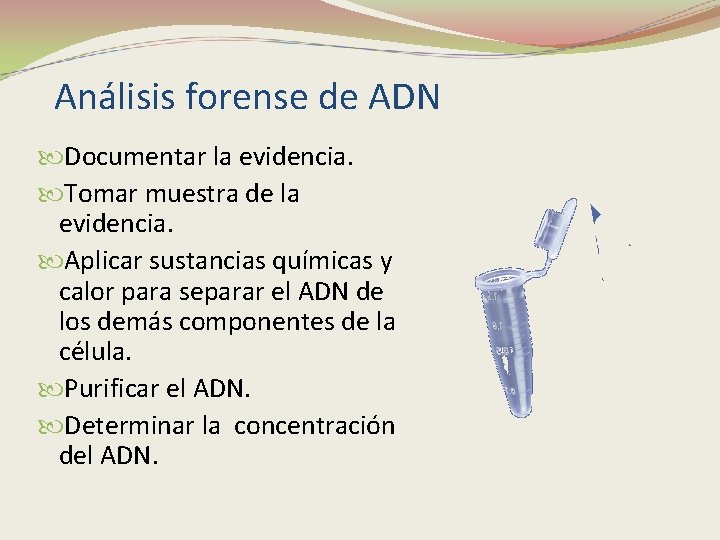 Análisis forense de ADN Documentar la evidencia. Tomar muestra de la evidencia. Aplicar sustancias