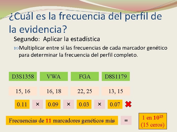 ¿Cuál es la frecuencia del perfil de la evidencia? Segundo: Aplicar la estadística Multiplicar