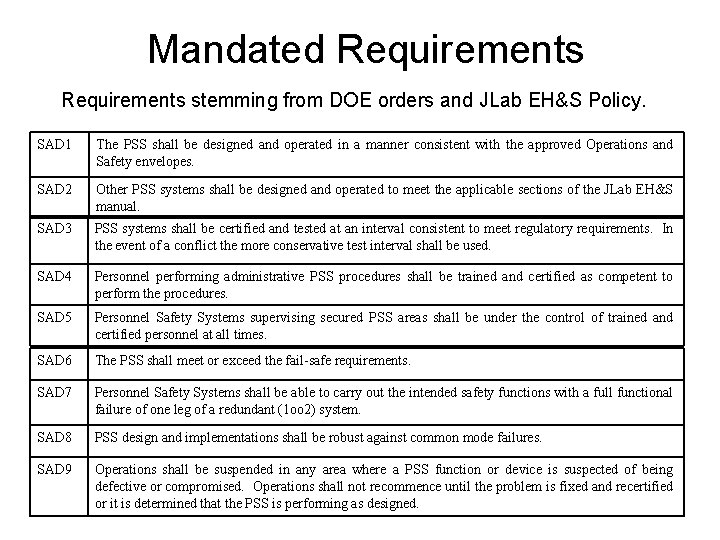 Mandated Requirements stemming from DOE orders and JLab EH&S Policy. SAD 1 The PSS