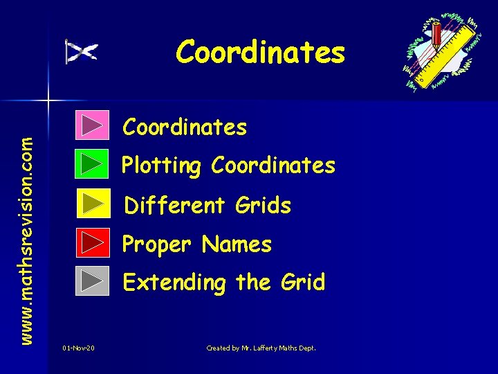 www. mathsrevision. com Coordinates Plotting Coordinates Different Grids Proper Names Extending the Grid 01