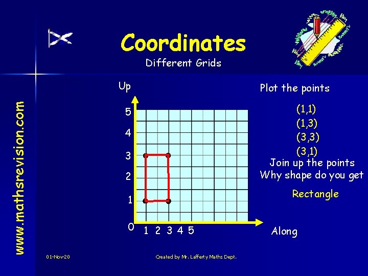 Coordinates Different Grids www. mathsrevision. com Up Plot the points (1, 1) (1, 3)