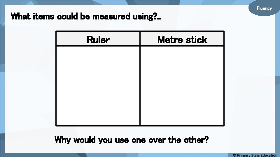 Fluency What items could be measured using? . . Ruler Metre stick Why would